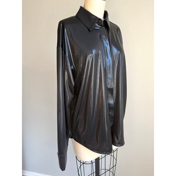 Anthropologie Black Liquid Shiny Button Down Blouse Top Medium Semi Sheer Y2K - Picture 1 of 16